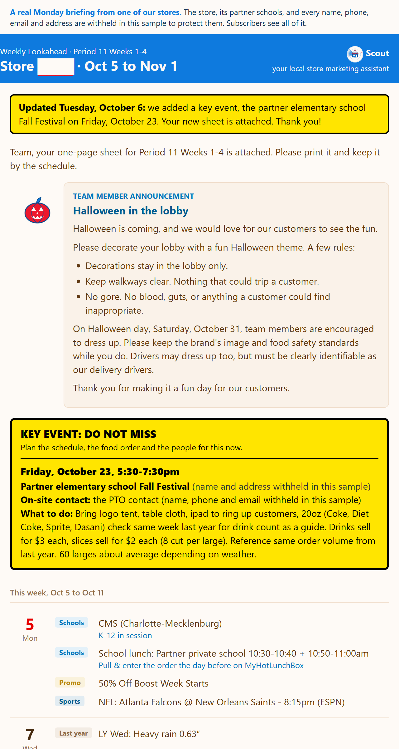 The top of a real Monday email from one of our stores: the Scout masthead, a team announcement about Halloween in the lobby, a key-event box with the plan for a school fall festival, and the first day's rows for schools, a promotion and sports.